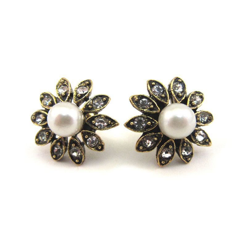 Antiqued Goldtone Pearl Flower Studs with Clear Crystals - Click Image to Close